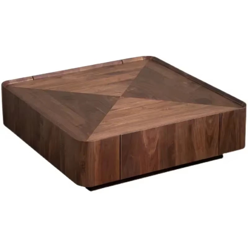 Square Coffee Table, Walnut Grain Density Board End Table, TV Cabinet Combination, with Hidden Drawers, for Living Room Use