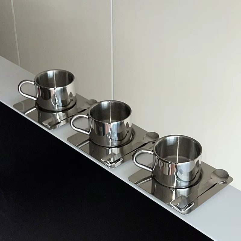3Pcs Stainless Steel Coffee Cup Set Heat Resistant Mug with Saucer Spoon Placemat Kitchen Drink Water Cup Tableware Accessories