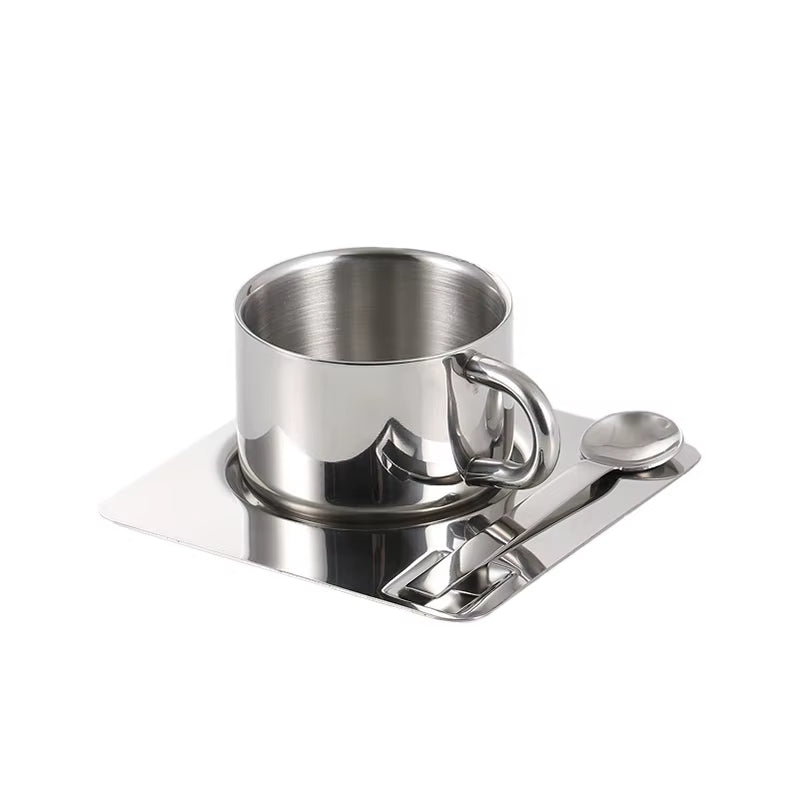 3Pcs Stainless Steel Coffee Cup Set Heat Resistant Mug with Saucer Spoon Placemat Kitchen Drink Water Cup Tableware Accessories