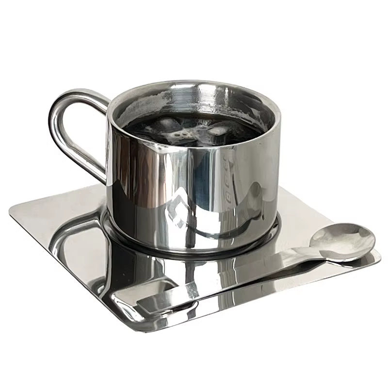 3Pcs Stainless Steel Coffee Cup Set Heat Resistant Mug with Saucer Spoon Placemat Kitchen Drink Water Cup Tableware Accessories