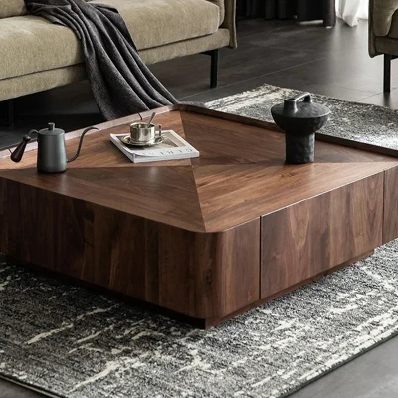 Square Coffee Table, Walnut Grain Density Board End Table, TV Cabinet Combination, with Hidden Drawers, for Living Room Use