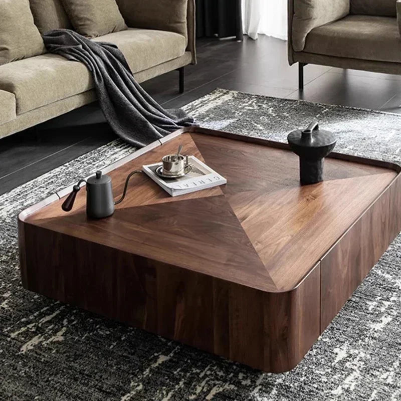 Square Coffee Table, Walnut Grain Density Board End Table, TV Cabinet Combination, with Hidden Drawers, for Living Room Use