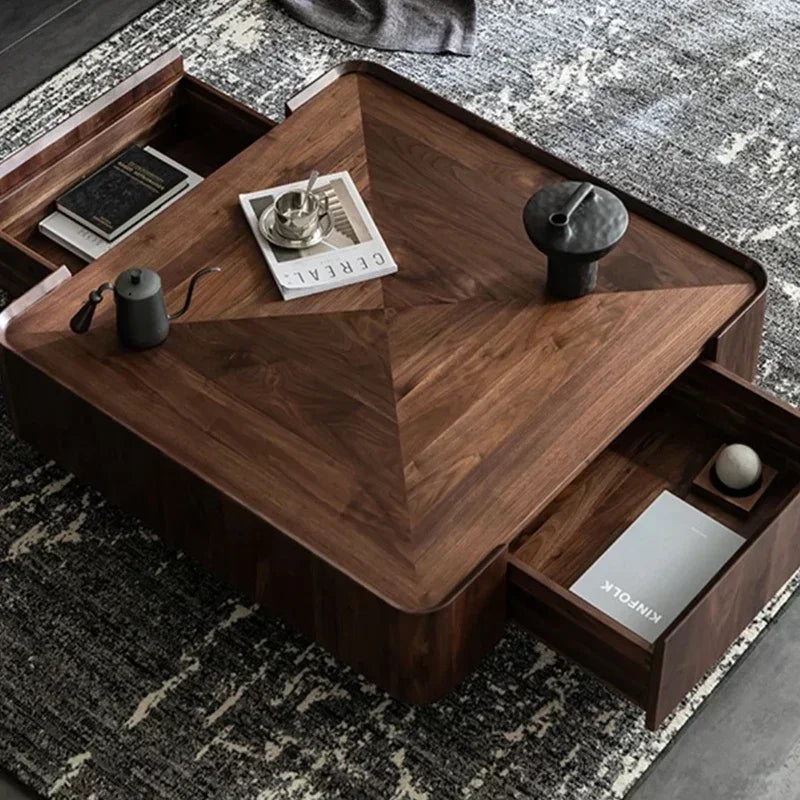 Square Coffee Table, Walnut Grain Density Board End Table, TV Cabinet Combination, with Hidden Drawers, for Living Room Use