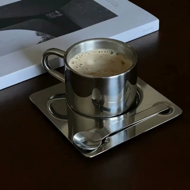 3Pcs Stainless Steel Coffee Cup Set Heat Resistant Mug with Saucer Spoon Placemat Kitchen Drink Water Cup Tableware Accessories
