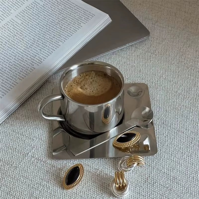 3Pcs Stainless Steel Coffee Cup Set Heat Resistant Mug with Saucer Spoon Placemat Kitchen Drink Water Cup Tableware Accessories