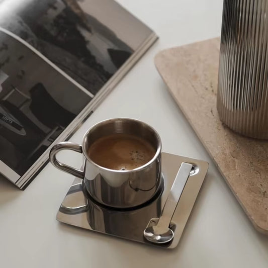 3Pcs Stainless Steel Coffee Cup Set Heat Resistant Mug with Saucer Spoon Placemat Kitchen Drink Water Cup Tableware Accessories