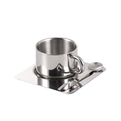 3Pcs Stainless Steel Coffee Cup Set Heat Resistant Mug with Saucer Spoon Placemat Kitchen Drink Water Cup Tableware Accessories