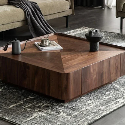 Square Coffee Table, Walnut Grain Density Board End Table, TV Cabinet Combination, with Hidden Drawers, for Living Room Use